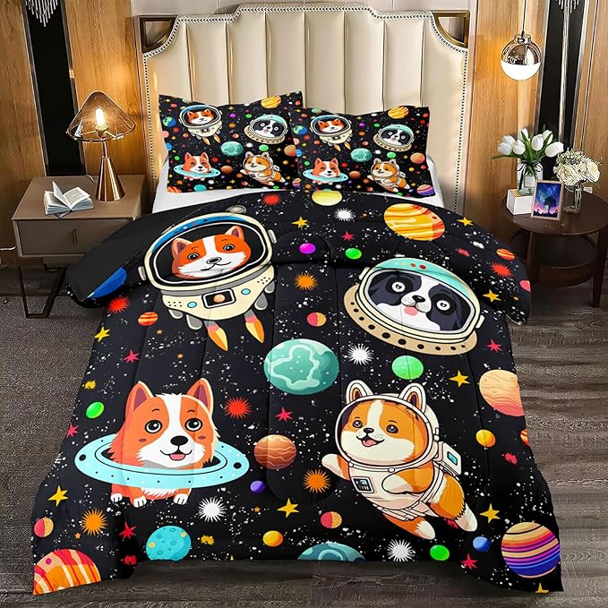 Dog Full Comforter Set for Boys Outer Space Dog Bedding Set Cute LeafyLoom