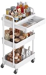 3-Tier Rolling Cart，Trolley with Drawer, Multifunctional Storage Organizer with Plastic Shelf & Metal Wheels, Kitchen Storage Cart for Living Room, Kitchen, Office, Bathroom, White - LeafyLoom