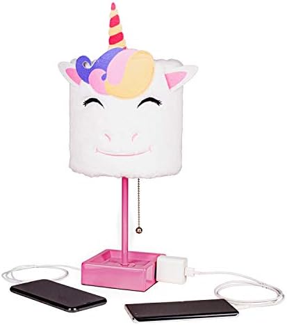 Table Lamp Cute Unicorn Plush Shade Desk Lights for Gifts with 2 USB Charging Ports and 1 Power Outlet for Bedroom Reading & Living Room - LeafyLoom