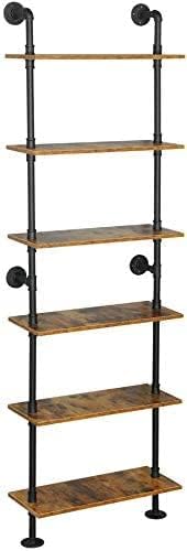 6-Tier Industrial Pipe Shelves Shelf Shelving Rustic Wood Metal Wrought Iron Ladder Bookcase Bookshelf Wall Mounted Mount DIY Loft Vintage Floating Hanging Storage Display (23.6x9.8x78.7”) - LeafyLoom