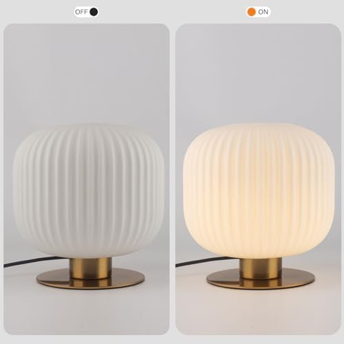 White Glass Table Lamp Mid Century Modern Desk Lamp with Streak Glass Shade Vintage Style Nightstand Lamp Small Reading Desk Light for Study Bedroom End Table Living Room - LeafyLoom