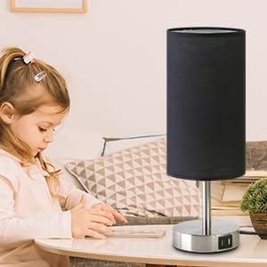 Bedside Lamp with USB Port - Touch Control Table Lamp for Bedroom Wood 3 Way Dimmable Nightstand Lamp with Round Black Shade for Living Room, Dorm, Home Office (LED Bulb Included) (Blacl2) - LeafyLoom