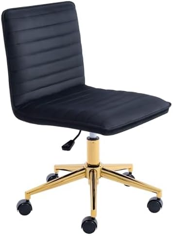 Furniliving Home Office Chair, Armless Vanity Chair with Wheels Swivel Velvet Computer Rolling Desk Chair with Back, Adjustable Accent Chair with Gold Metal Base Stool Chair,Black - LeafyLoom