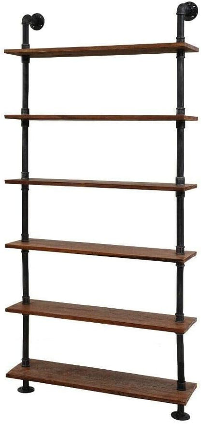 Diwhy Industrial Pipe Bookshelf, 6 Layer Rustic Modern Wood Ladder Shelf with Metal Frame, Home Decor, Display Shelving, Retro Floating Shelving, 35.4x9.8x79in, 10-20lbs, Pine - LeafyLoom