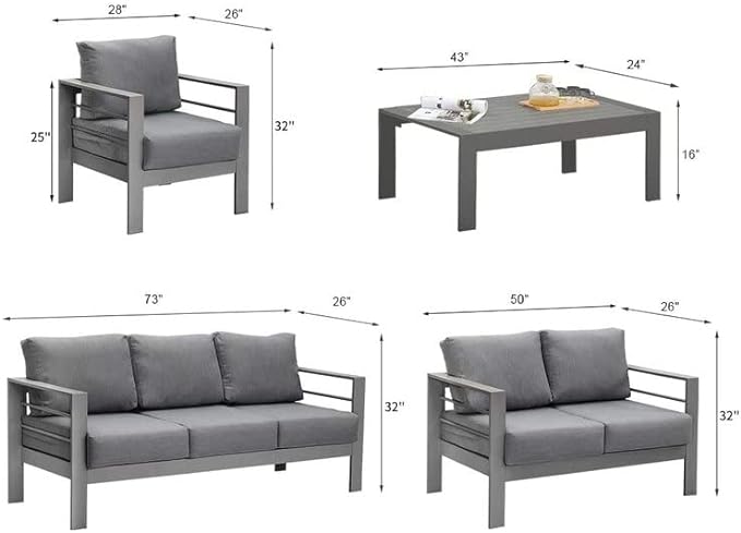 Solaste Aluminum Patio Furniture Set,5 Pieces Modern Outdoor Conversation Set Sectional Sofa with Upgrade Cushion and Coffee Table,Grey - LeafyLoom