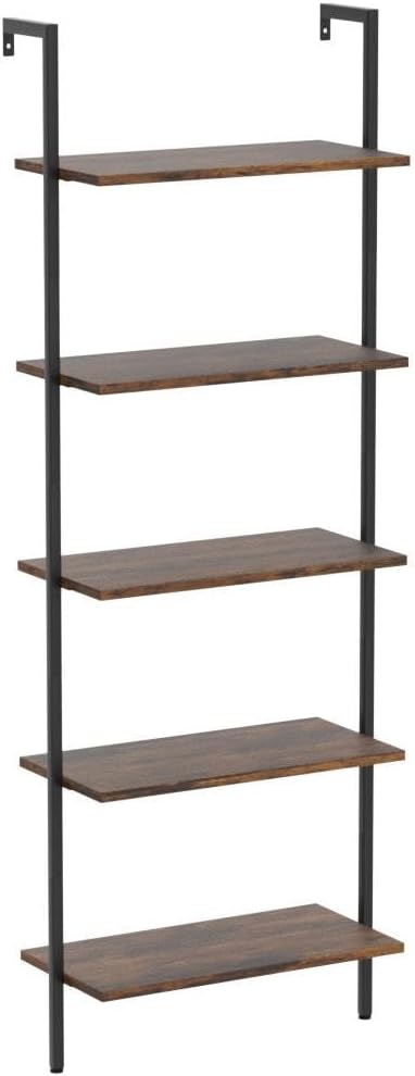 Tajsoon Large Bookcase, Industrial Ladder Shelf, 5 Tier Wood Wall Mounted with Metal Frame, Open Display Storage Shelves for Home, Office, Collection, Plant Flower, Rustic Brown & Black, 25.2''W - LeafyLoom