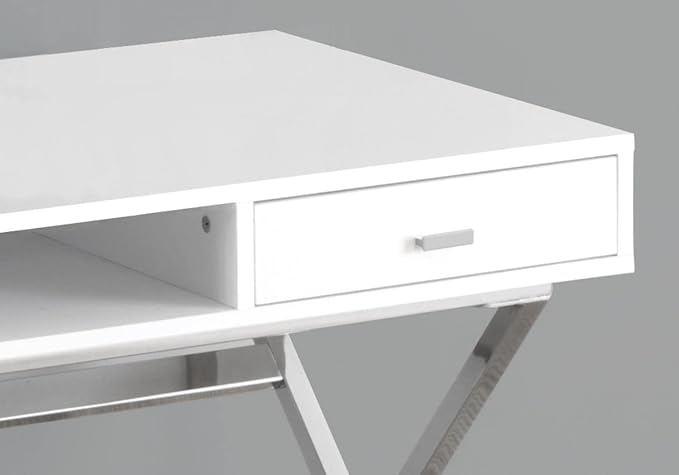 Monarch Specialties Laptop Table with Drawers and Open Shelf Computer, Writing Desk, Metal Sturdy Legs, 48" L, Glossy White - LeafyLoom