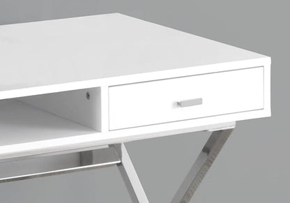 Monarch Specialties Laptop Table with Drawers and Open Shelf Computer, Writing Desk, Metal Sturdy Legs, 48" L, Glossy White - LeafyLoom