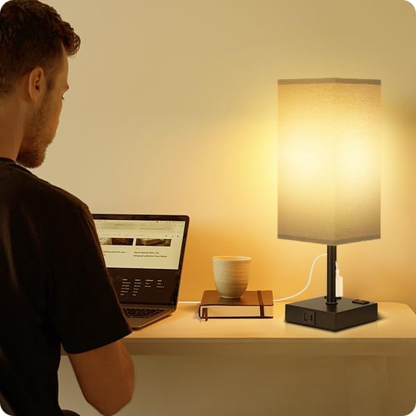 aooshine Black Base Black Shade Set of 2 Touch Lamp with USB Port-Nightstand Lamp with USB-C+A Charge Ports& AC Outlets, 3-Way Dimmable Bedside Lamp, Small Table Lamp for Bedroom(Bulb Included) - LeafyLoom