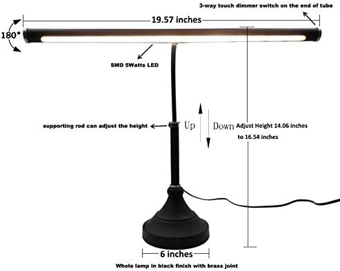 LED Piano Desk Lamp with Touch Dimmer,Piano Lamp,Desk Lamp,Reading Lamp for Home Office,Adjustable Height,Multi-functional,LED 5W,3000K,Metal,Black+Bronze, - LeafyLoom