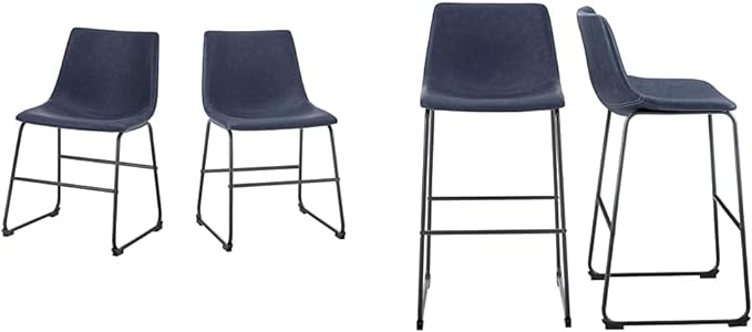 Walker Edison Douglas Urban Industrial Faux Leather Armless Dining Chair Set of 2 and Bar Chair Set of 2, Navy Blue - LeafyLoom