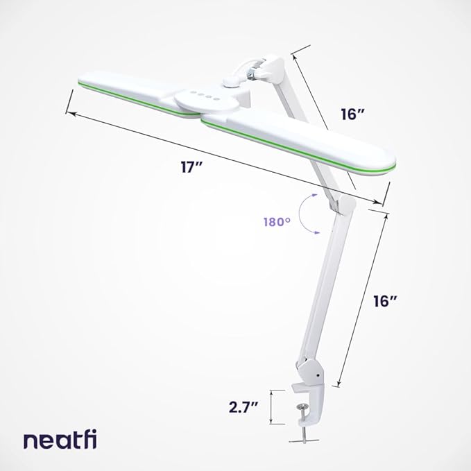 Neatfi Elite HD XL Task Lamp, 3 Light Modes, 90PCS SMD LED, Super Bright Desk Lamp, Eye-Caring LED Lamp, Non-Polar Dimming, Adjustable Brightness Levels (CCT with Clamp, Green Ring, 17 Inches) - LeafyLoom