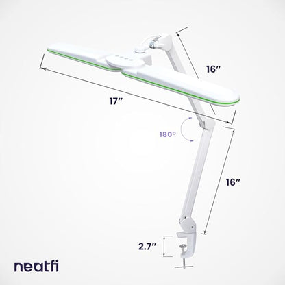 Neatfi Elite HD XL Task Lamp, 3 Light Modes, 90PCS SMD LED, Super Bright Desk Lamp, Eye-Caring LED Lamp, Non-Polar Dimming, Adjustable Brightness Levels (CCT with Clamp, Green Ring, 17 Inches) - LeafyLoom