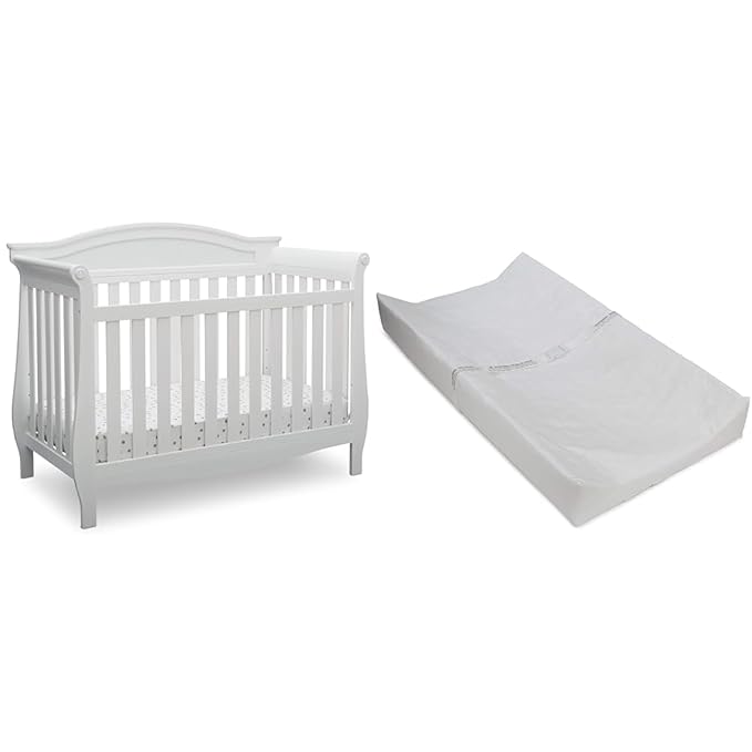 Delta Children Lancaster 4-in-1 Convertible Baby Crib, Bianca White & Contoured Changing Pad, White - LeafyLoom