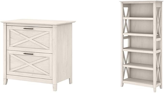 Bush Furniture Key West 2 Lateral File Cabinet | Document Storage & Key West Bookcase Shelf in Linen White Oak | Farmhouse Bookshelf Display Cabinet - LeafyLoom