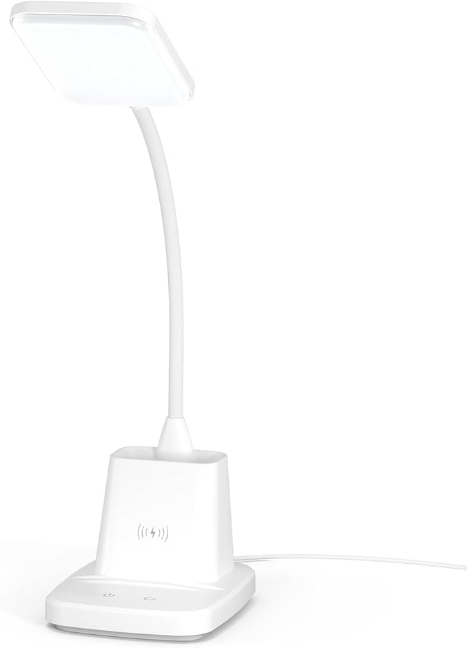 Sailstar Upgraded LED Desk Lamp with Wireless Charger, White Small Desk Light with Pen Holder, 3 Color Modes, CRI 85, 800 Lumen, Study Lamps for College Dorm Room, Home Office, Adapter Included - LeafyLoom