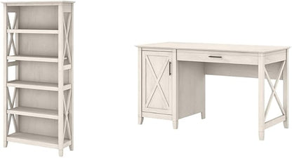 Bush Furniture Key West Bookcase Shelf in Linen White Oak | Farmhouse Bookshelf & Key West Computer Desk with Storage | Small for Home Office | Modern Farmhouse, 54W - LeafyLoom