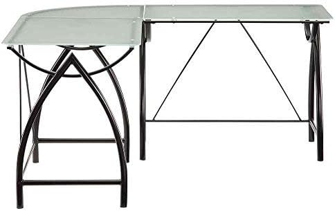 OSP Home Furnishings Newport L-Shaped Computer Desk with Frosted Tempered Glass Top and Black Powder Coated Steel Frame (NWP25L-BK) - LeafyLoom