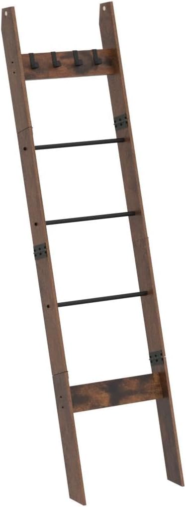 Blanket Ladder Shelf for Living Room, Decorative Wood Quilt Rack with 4 Removable Hooks, 5-Tier Farmhouse Ladder Holder Organizer for Bedroom, Rustic Brown 02101BBR - LeafyLoom