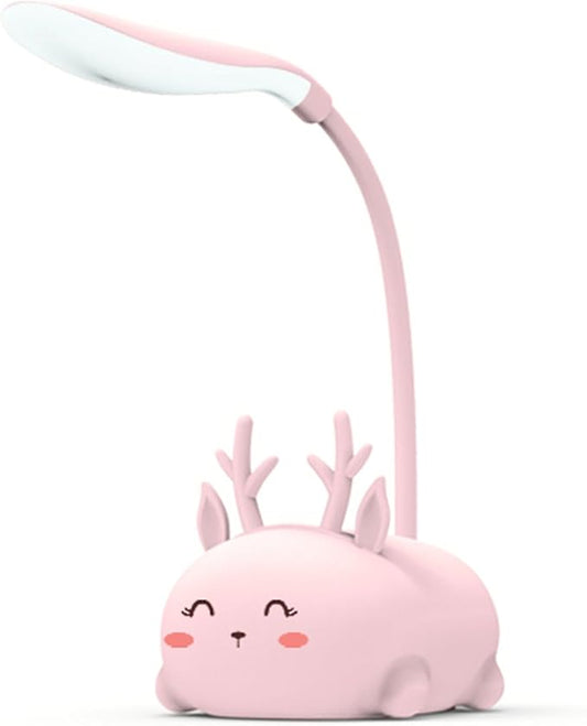 Kids Lamp, Cute LED Desk Lamp for Kids, Mini Animal Night Light, USB Rechargeable Flexible Cartoon Lamp Eye-Care Lighting for Bedroom (Deer B, Pink) - LeafyLoom