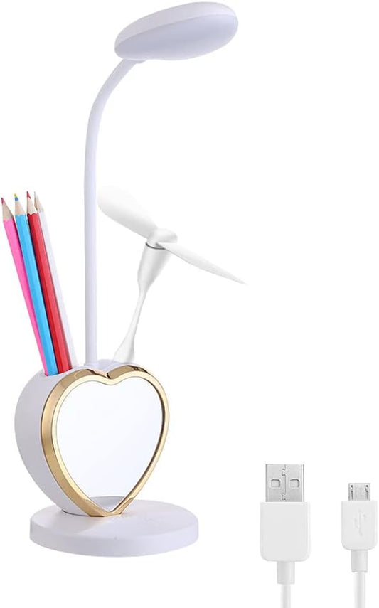 White Desk Lamp for Girls, 5 in 1 Cute Desk Lamp with Pencil Holder, Detachable Mirror, Mini Fan, Phone Holder, USB Charging Port, Eye-Caring Study Table Lamp for Teens Girls Women Dorm Reading - LeafyLoom