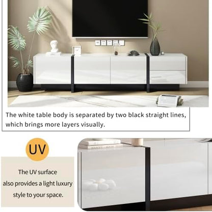 White & Black Contemporary Rectangle Design Stand, Unique Style Console Table 80”, Modern TV Cabinet with High Gloss UV Surface for Living Room - LeafyLoom