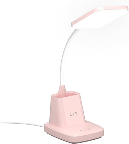 Sailstar Cute Desk Lamp, Pink Small Desk Lamp with Pen Holder, Wireless Charger LED Desk Lamps for Home Office, Kids Desk Lamp 800LM Gooseneck 3 Modes Dimmable Touch, Study Lamp for College Dorm Room - LeafyLoom