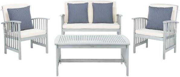 SAFAVIEH Outdoor Collection Rocklin Grey / Beige Cushions/ Stripe Pillows 4-Piece Conversation Patio Set - LeafyLoom