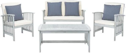 SAFAVIEH Outdoor Collection Rocklin Grey / Beige Cushions/ Stripe Pillows 4-Piece Conversation Patio Set - LeafyLoom