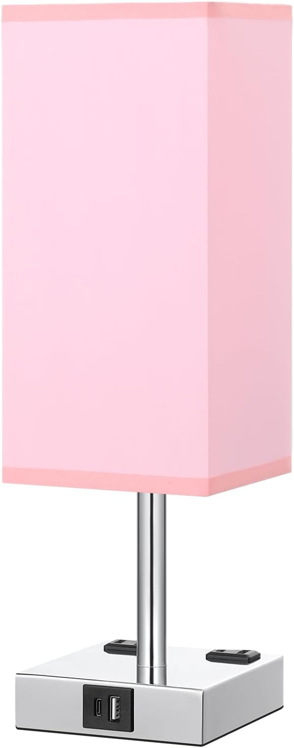 Touch Bedside Table Lamp For Nightstand - 3-Way Dimmable Night Lamp with USB A + Type C Charging Ports and two AC Outlets, Small Desk Light with E26 LED Bulb for Bedroom Living Room Dorm Office, PINK - LeafyLoom