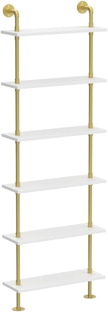 WGX Design For You Industrial 6-Tiers Modern Ladder Shelf Bookcase,Wood Storage Shelf,Display Shelving, Wall Mounted Wood Shelves(Gold) - LeafyLoom