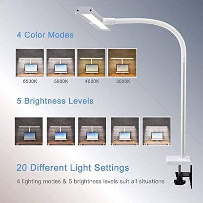 PHIVE LED Task Lamp, 20 Watt Super Bright Desk Lamp with Clamp, Dimmable Gooseneck Monitor Lamp(4 Color Modes, 5-Level Dimmer, Memory Function, Highly Adjustable Office Light/Workbench Lamp) Silver - LeafyLoom