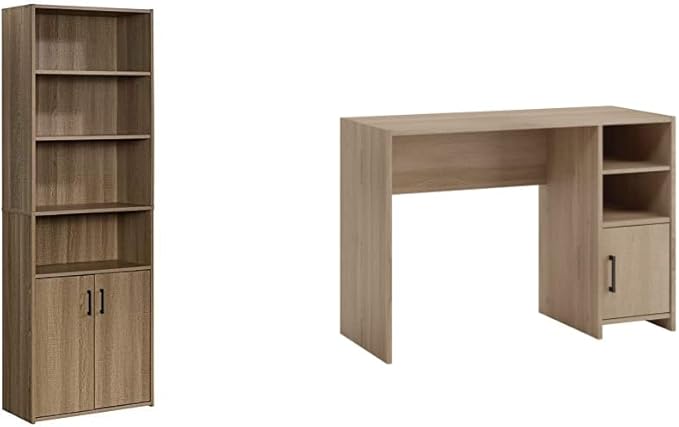 Sauder Beginnings Bookcase with Doors, L: 24.65" x W: 11.65" x H: 71.14", Summer Oak Finish & Beginnings Desk, L: 40.39" x W: 17.48" x H: 28.82", Summer Oak Finish - LeafyLoom