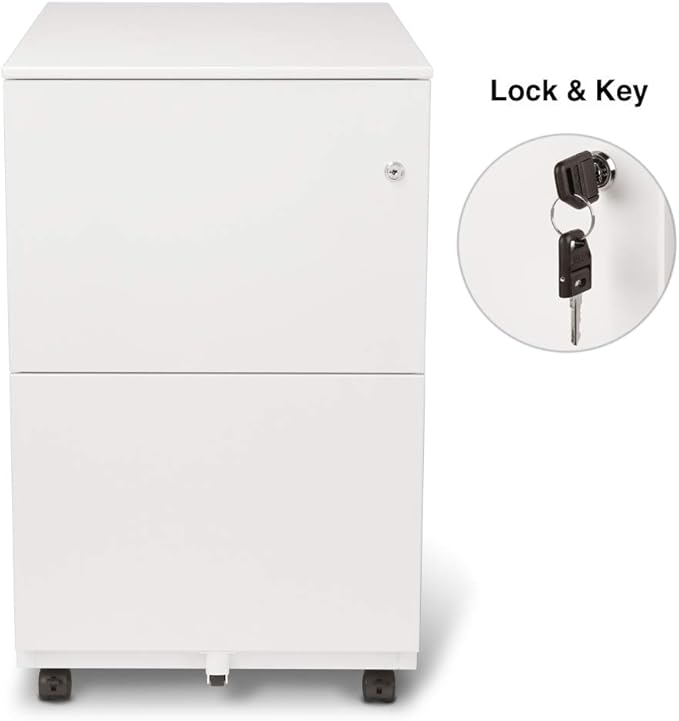 Aurora Modern Soho Design 2-Drawer Metal Mobile File Cabinet with Lock Key/Fully Assembled, White - LeafyLoom