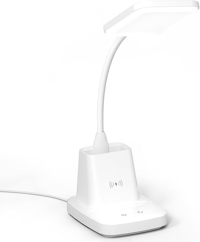 LED Desk Lamp with Wireless Charger, Sailstar White Desk Light with Pen Holder, 3 Color Modes with Stepless Dimming, CRI 85, 800 Lumen, Study Lamps for College Dorm Room, Home Office, Adapter Included - LeafyLoom