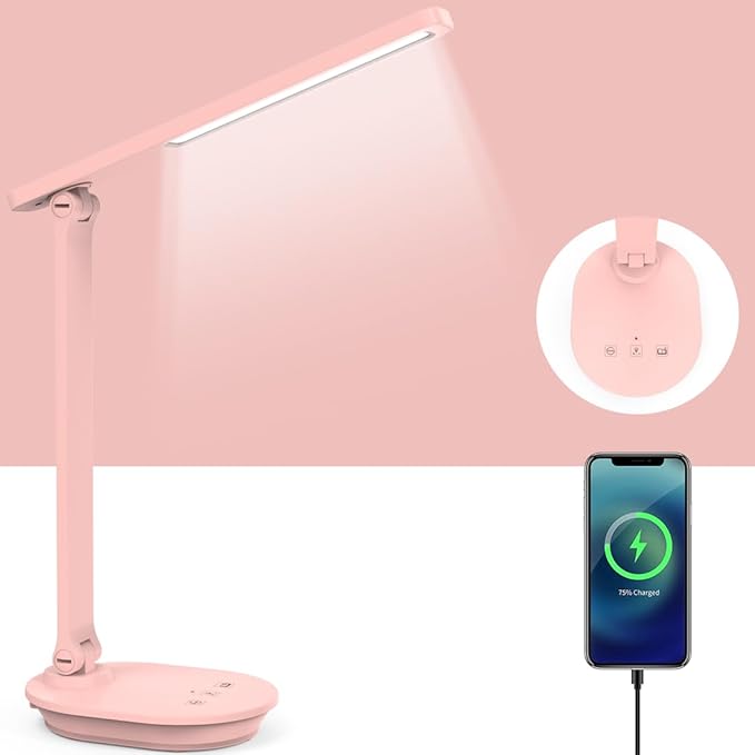 Pink Desk Lamp College Dorm Essentials for Girls, 3 Color Dimmable Reading Lamp, Battery Operated, USB Rechargeable Powered, Cordless, Portable, Cute LED Desk Lamps for Home Office, Bedrooms, Study - LeafyLoom