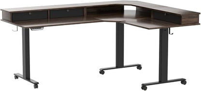 FEZIBO Triple Motor 63" L Shaped Standing Desk with 3 Drawers, Electric Gaming Desk Adjustable Height, Corner Stand up Desk with Splice Board, Black Frame/Black Walnut Top - LeafyLoom