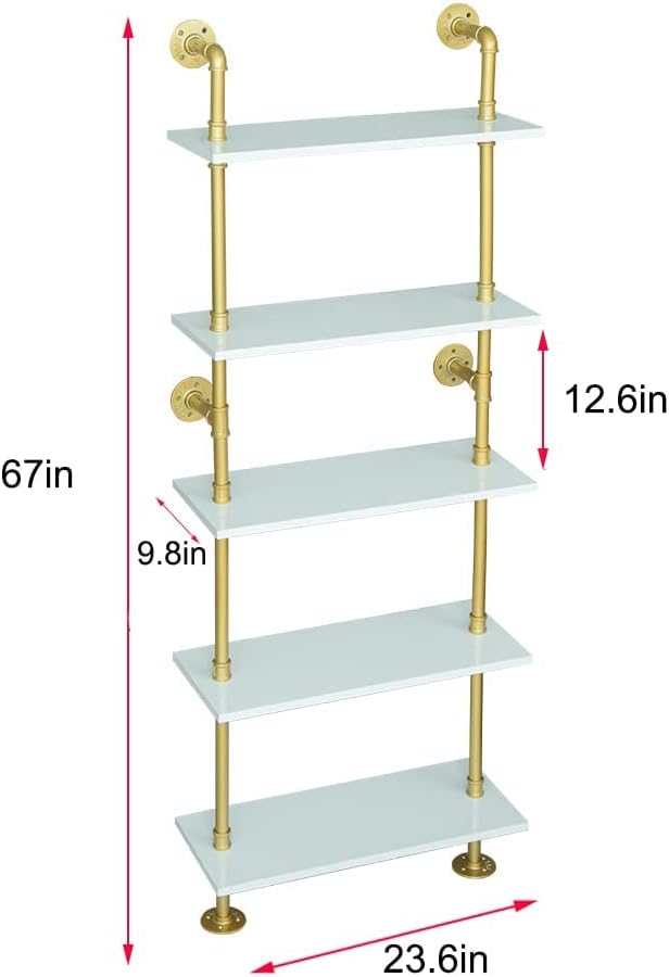 5 shelf Modern Gold Bookshelf, Wall Mount White Bookcase, Ladder Shelf with Metal Frame, Display Shelf Shelves for Living Room/Home/Office - LeafyLoom