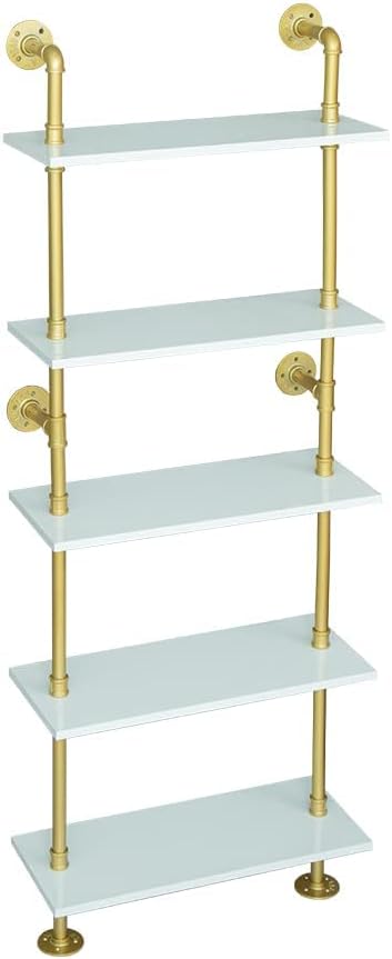 5 shelf Modern Gold Bookshelf, Wall Mount White Bookcase, Ladder Shelf with Metal Frame, Display Shelf Shelves for Living Room/Home/Office - LeafyLoom