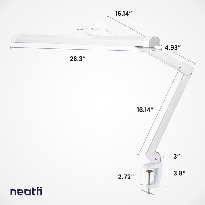 Neatfi Ultra 3,500 Lumen LED Desk Lamp, 45W, 26-Inch Wide Metal Shade, 270 SMD LEDs (Non-CCT with Clamp, White) - LeafyLoom