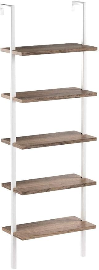 Nathan James Theo 5-Shelf Wood Modern Bookcase, Open Wall Mount Ladder Bookshelf with Industrial Metal Frame, Light Brown Oak/White - LeafyLoom