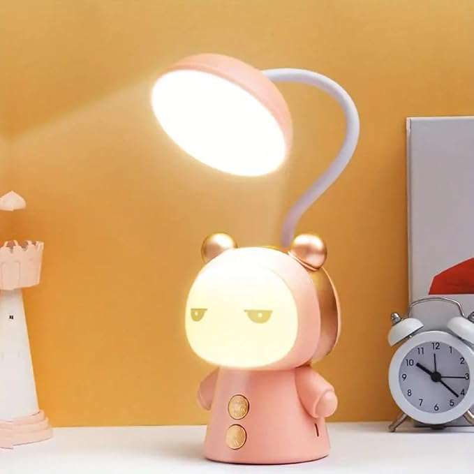 Cute Cartoon Kids Desk Lamp with Night Light - 360° Goose Neck LED Flexible Reading Light for Bedroom - Children Bedside Study Table Lamp (Pink Bear) - LeafyLoom