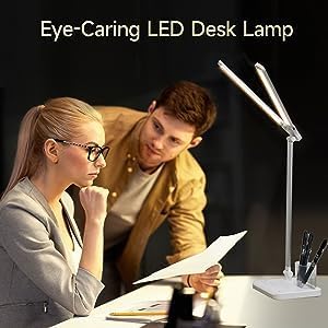 LED Desk Lamp for Home Office - Dual Swing Arm Desk Light with USB Charging Port,Eye-Caring Foldable 5 Color Modes 10 Brightness Levels Dimmable Desk Lamp for College Dorm Room (Silver) - LeafyLoom