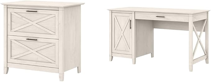 Bush Furniture Key West 2 Lateral File Cabinet | Document Storage for Home Office | Accent Chest with Drawers, Casual, Linen White Oak & Key West Computer Desk with Storage | Small - LeafyLoom