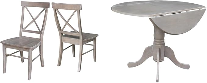 International Concepts Set of Two Dining Chairs and 42" Round Drop Leaf Table, Washed Gray Taupe - LeafyLoom