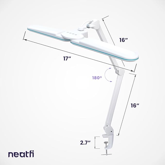 Neatfi Elite HD XL Task Lamp, 3 Light Modes, 90PCS SMD LED, Super Bright Desk Lamp, Eye-Caring LED Lamp, Non-Polar Dimming, Adjustable Brightness Levels (CCT with Clamp, Blue Ring, 17 Inches) - LeafyLoom