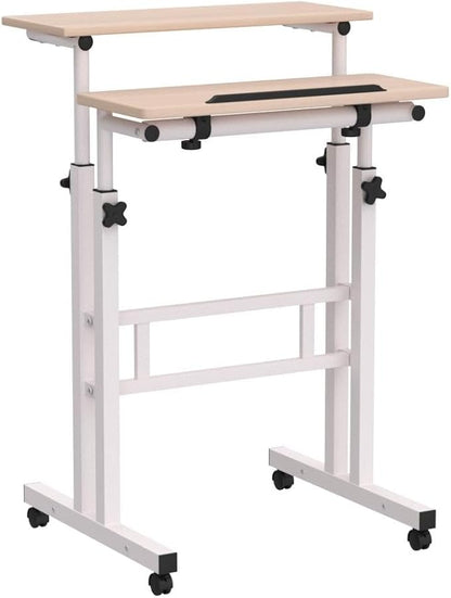 DlandHome Mobile Standing Desk Stand Up Desk Rolling Desk, Stand Sit Desk Mobile Computer Desk Adjustable Standing Desk 23.6inches Table Workstation Mobile Desk Cart Tray Maple - LeafyLoom