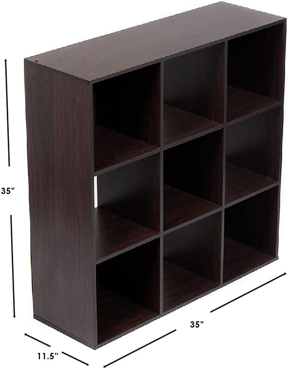 Home Basics 9-Cube Storage Organizer with 11" Shelf Opening Espresso MDF Bookcase and Display Shelf | Open and Closed Back Combination | Horizontal or Vertical Orientation - LeafyLoom