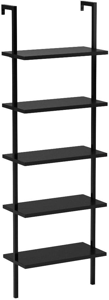 Nathan James Theo 5-Shelf Black Modern Bookcase, Open Wall Mount Ladder Bookshelf with Industrial Metal Frame - LeafyLoom