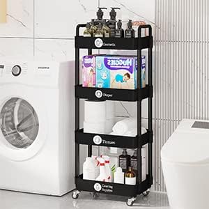 4-Tier Storage Cart,Multifunction Utility Rolling Cart Kitchen Storage Organizer,Mobile Shelving Unit Cart with Lockable Wheels for Bathroom,Laundry,Living Room,With Classified Stickers,Black - LeafyLoom